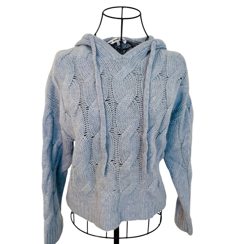 The Cashmere Project 100% Cashmere Cable Knit Pullover Hoodie Sweater Blue